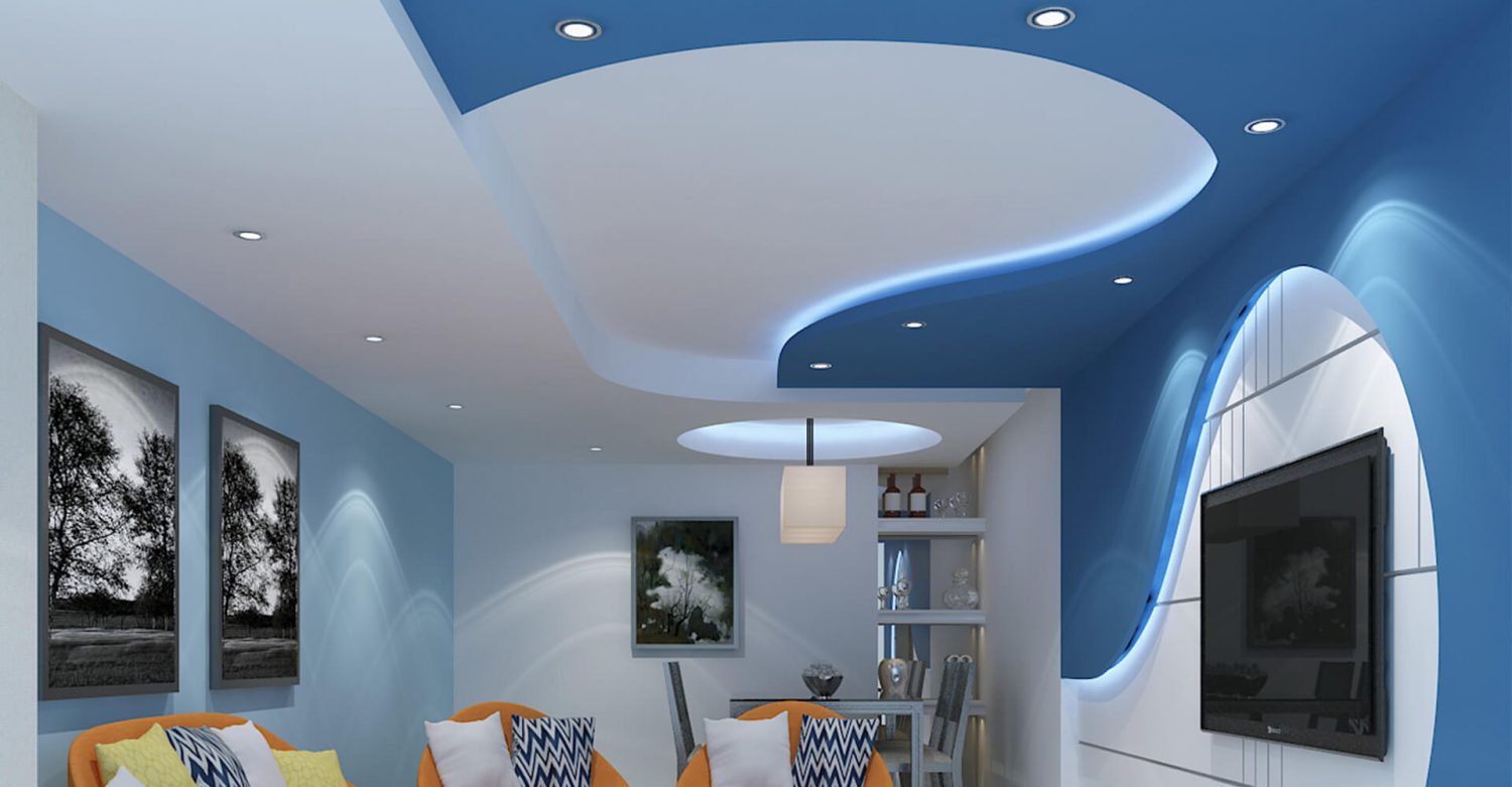 Modern living room with sleek gypsum ceiling design in Dubai.